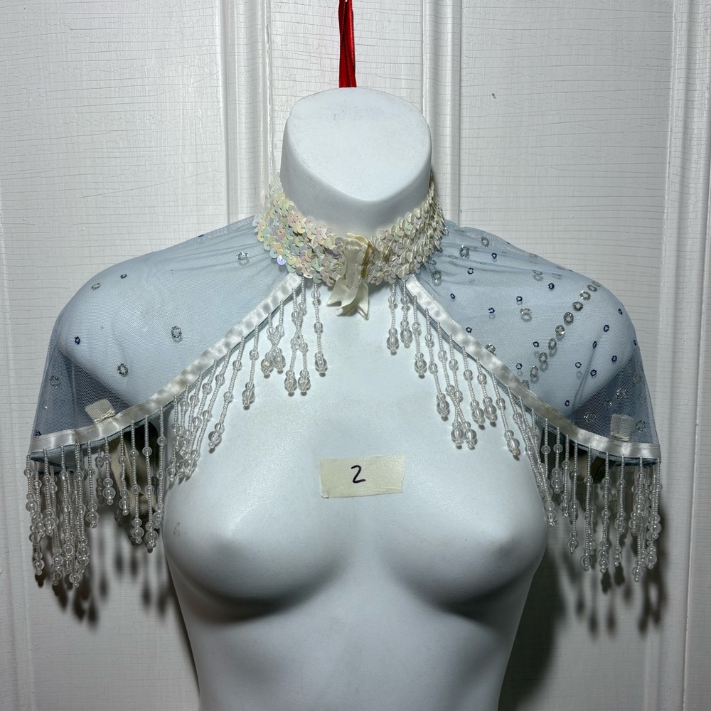Showgirl beaded cape dance costume ballet burlesque blue white crystal small